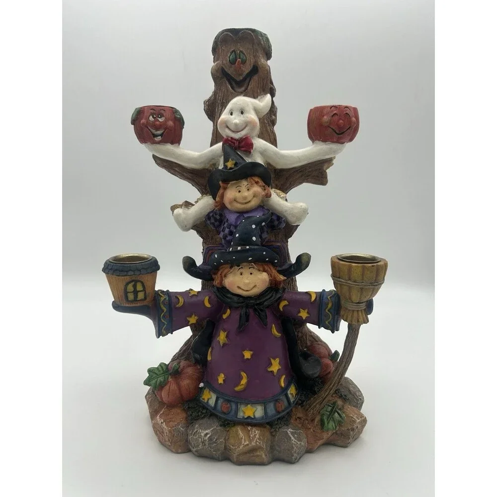 Halloween Candelabra 5 Candle Holders Witch Ghost Tree Jack-o-lanterns Broom